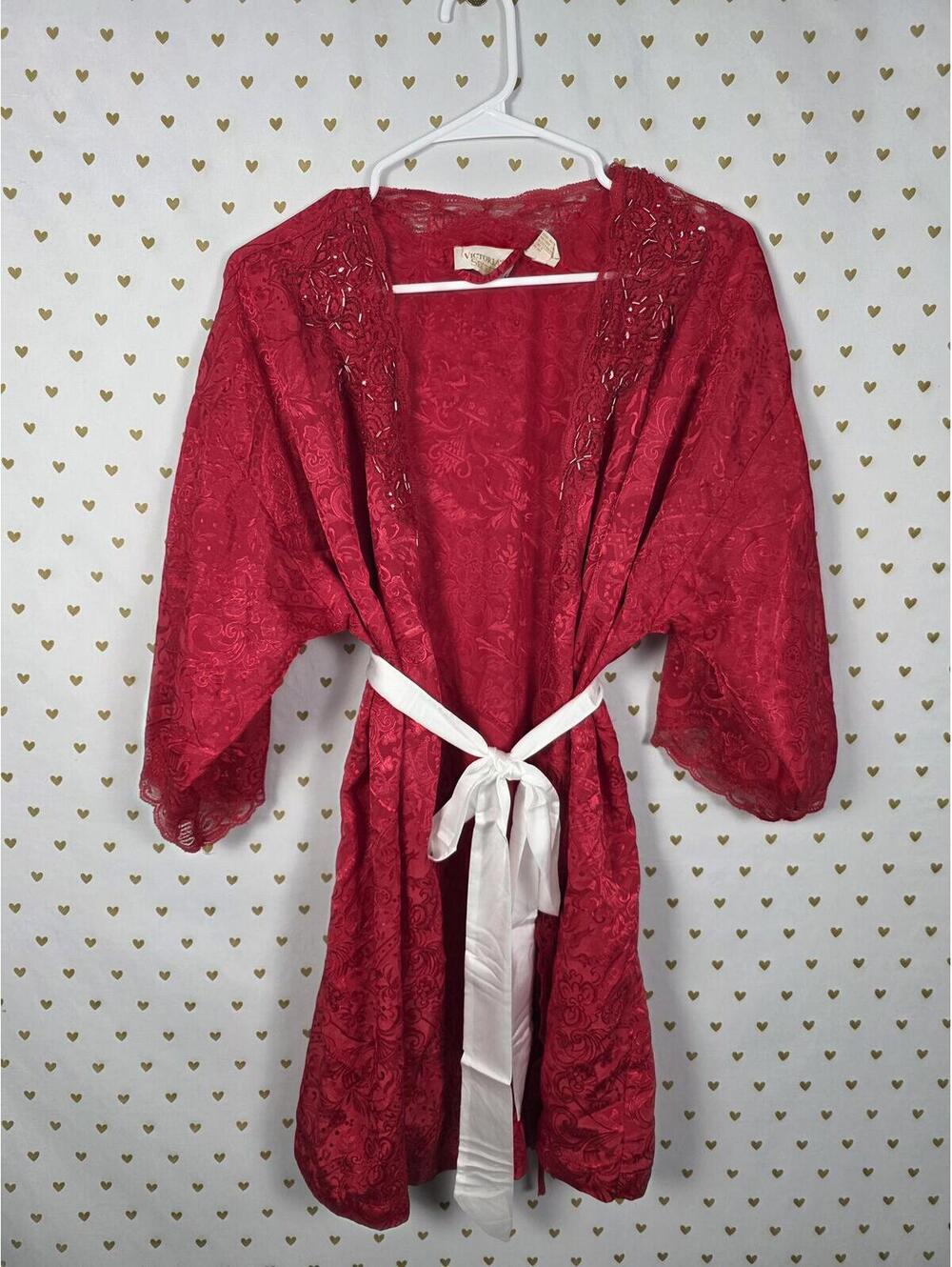 Vintage Victoria's Secret Gold Label Beaded Lace Jacquard Robe Red Kimono